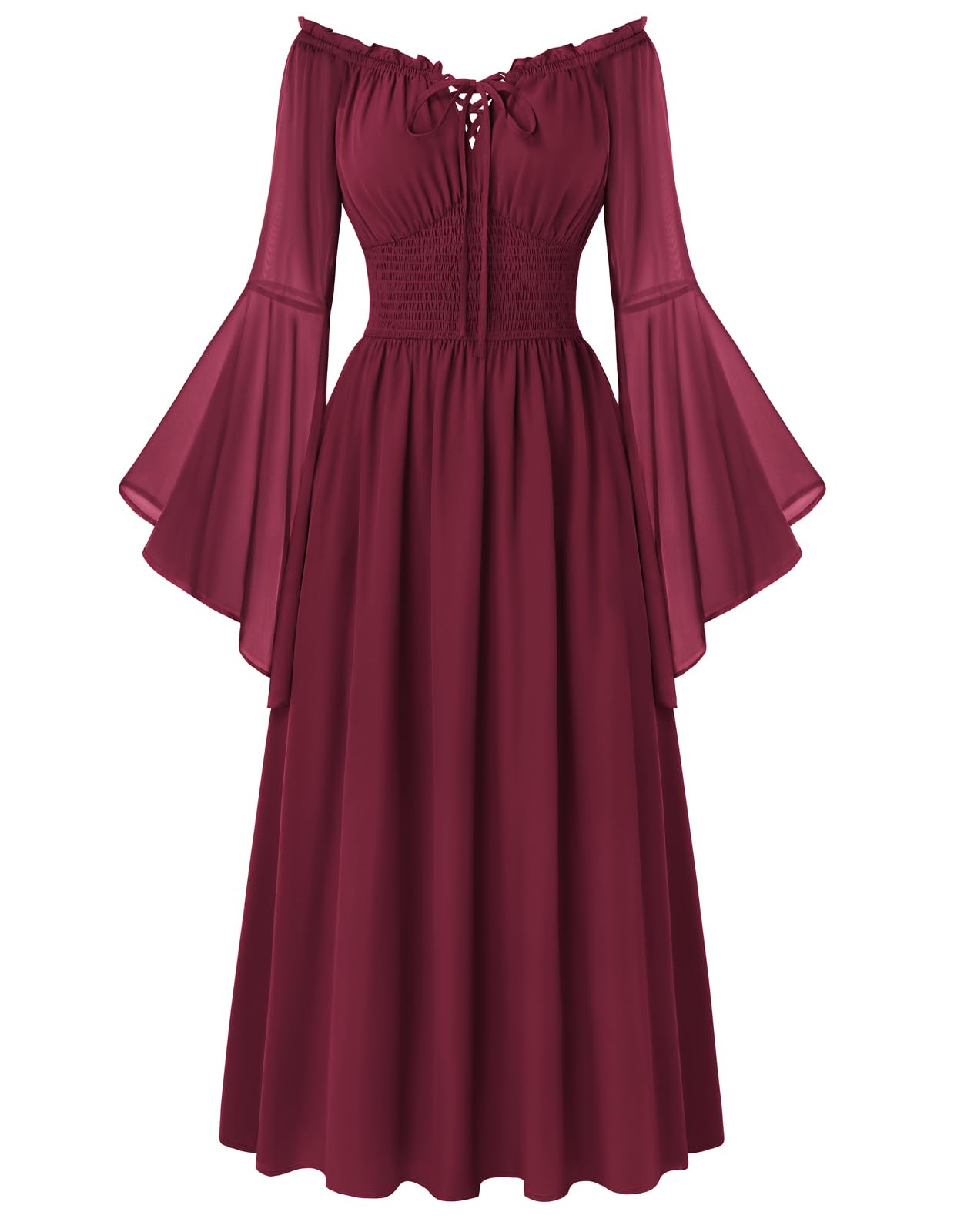 Scarlet Darkness Renaissance Dress Women Peasant Medieval Costume Off Shoulder Maxi Dresses with Pockets, Wine, S