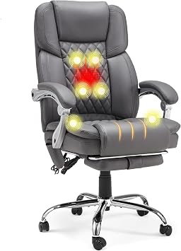 6-Point Massage Office Chair with Heat, Executive Office Chair with Footrest, Leather Computer Desk Chair with 135Reclining Backrest for Home Office, Grey