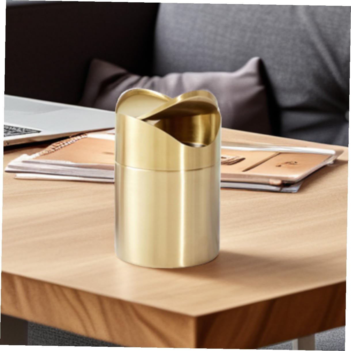 Goldener Kleiner Mülleimer aus Edelstahl mit Deckel für Tisch und Auto | Platzsparend, Druckdeckel gegen Gerüche, Kompakt für Reise und Unterwegs