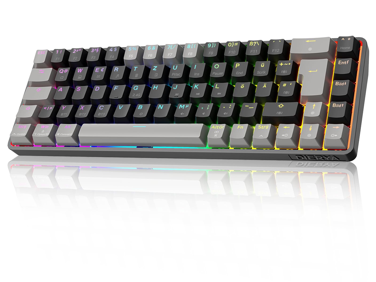Dierya DK68 Kabellose Gaming Tastatur Deutsches Layout-QWERTZ,Bluetooth/2.4GHz/USB-C 68 Tasten RGB Beleuchtung Mechanische Tastatur,Linear Roter Switch,Grauschwarz