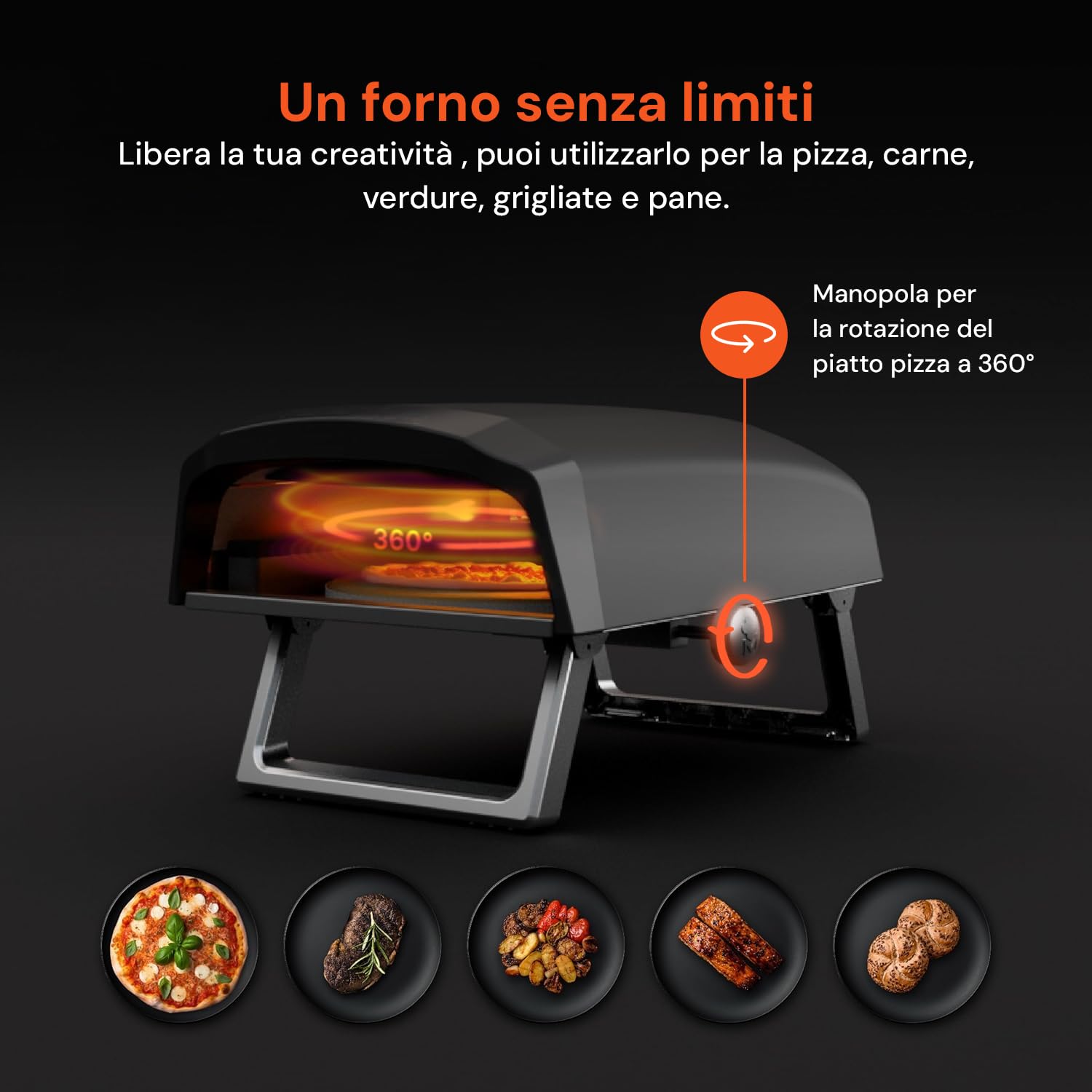 Avilia Forno Pizza a Gas 4000W 64x44x31,5cm Acciaio Inox Doppio Bruciatore Piatto Rotante 360°