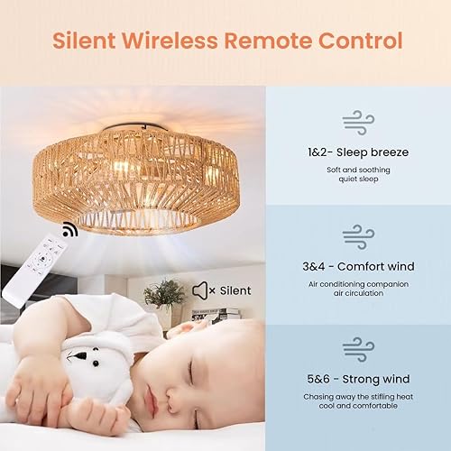 Miniatura 2 de 20" Woven Caged Low Profile Bladeless Ceiling Fan with Light and Remote, Farmhouse Flush Mount Boho Ceiling Fans Light, Enclosed Industrial Ceiling