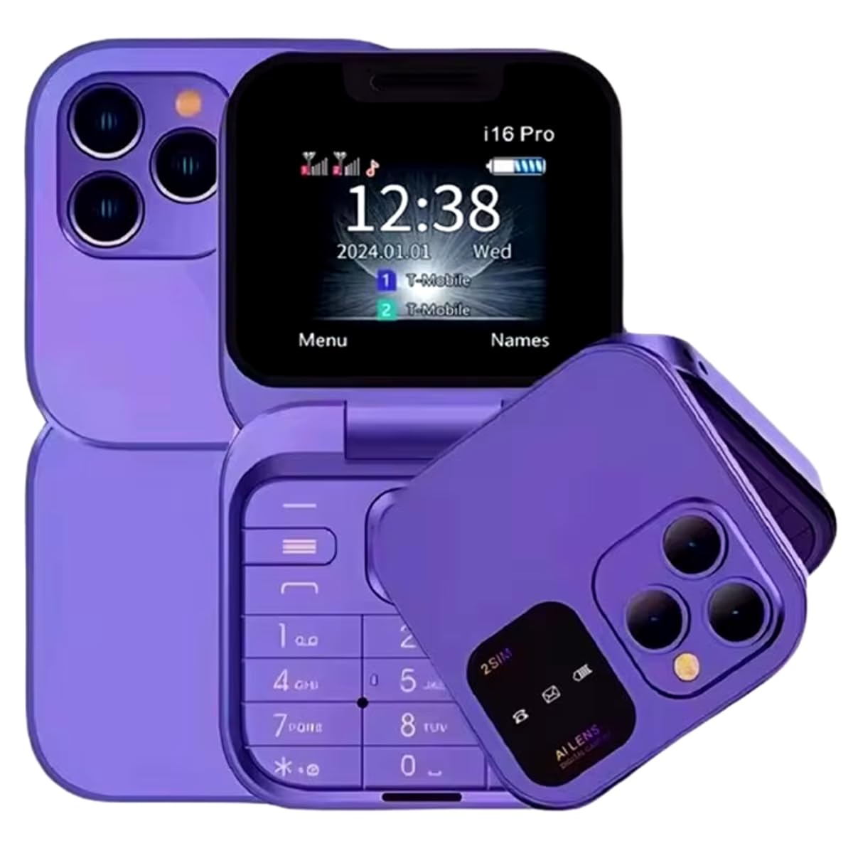I16 Pro Mini Mobile Phone, Dual SIM, Triple Camera, Purple
