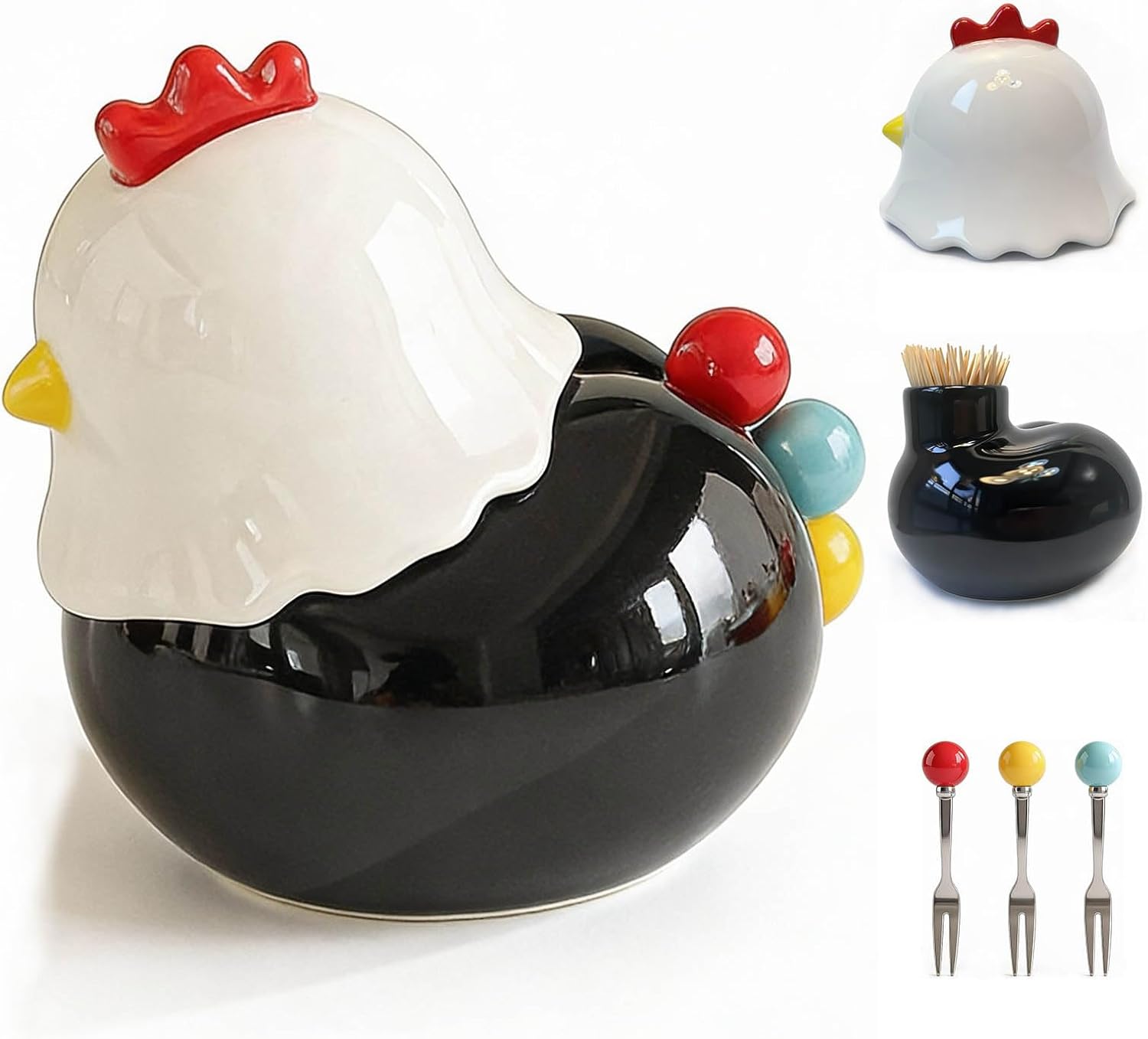 Ceramic Chick Toothpick Holder Dispenser and Fruit Fork Set, Unique Cute Kitchen Decor and Gadgets Gifts, 3 Food-Grade 304 Stainless Steel Forks, Funny Kitchen Gadgets for Home Table Accessories