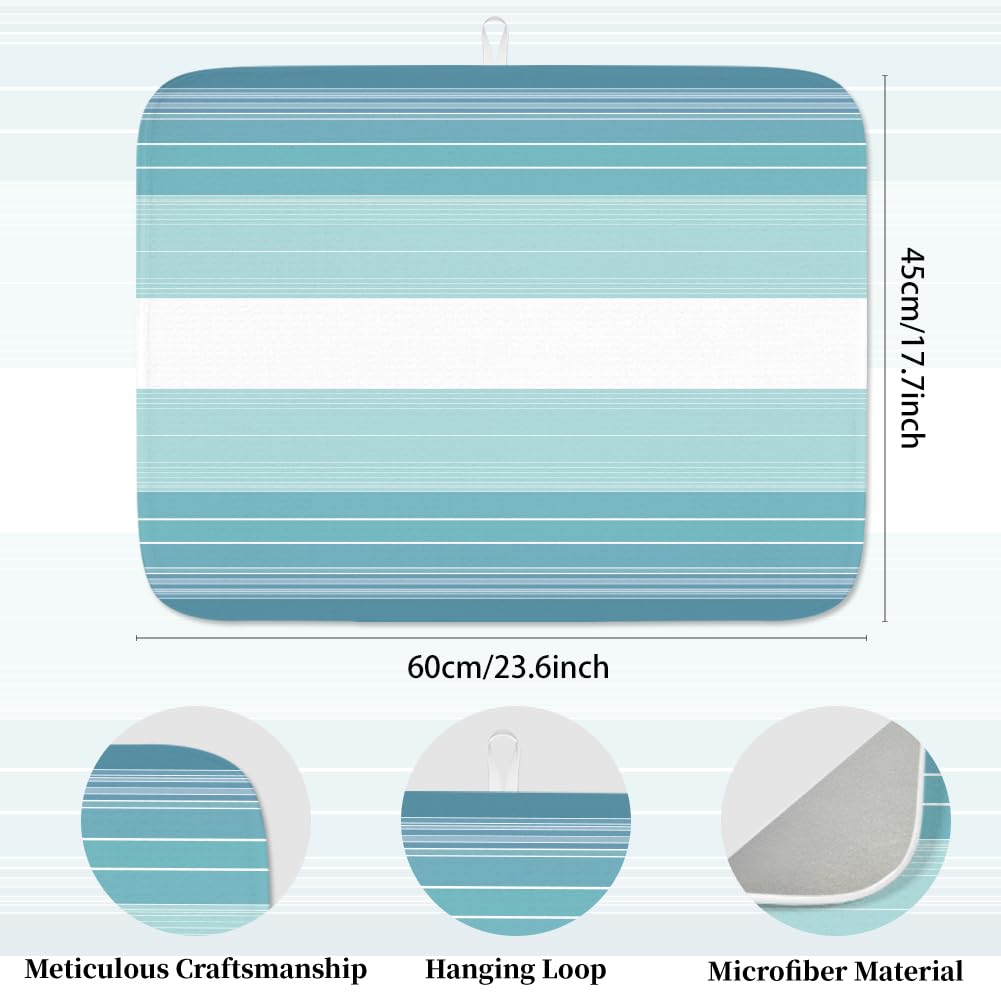 INFUNLY Tapis de séchage à vaisselle à rayures bleues 60 × 45 cm en microfibre polyester coton bleu absorbant tapis de comptoir résistant à la chaleur séchage rapide boucle de suspension