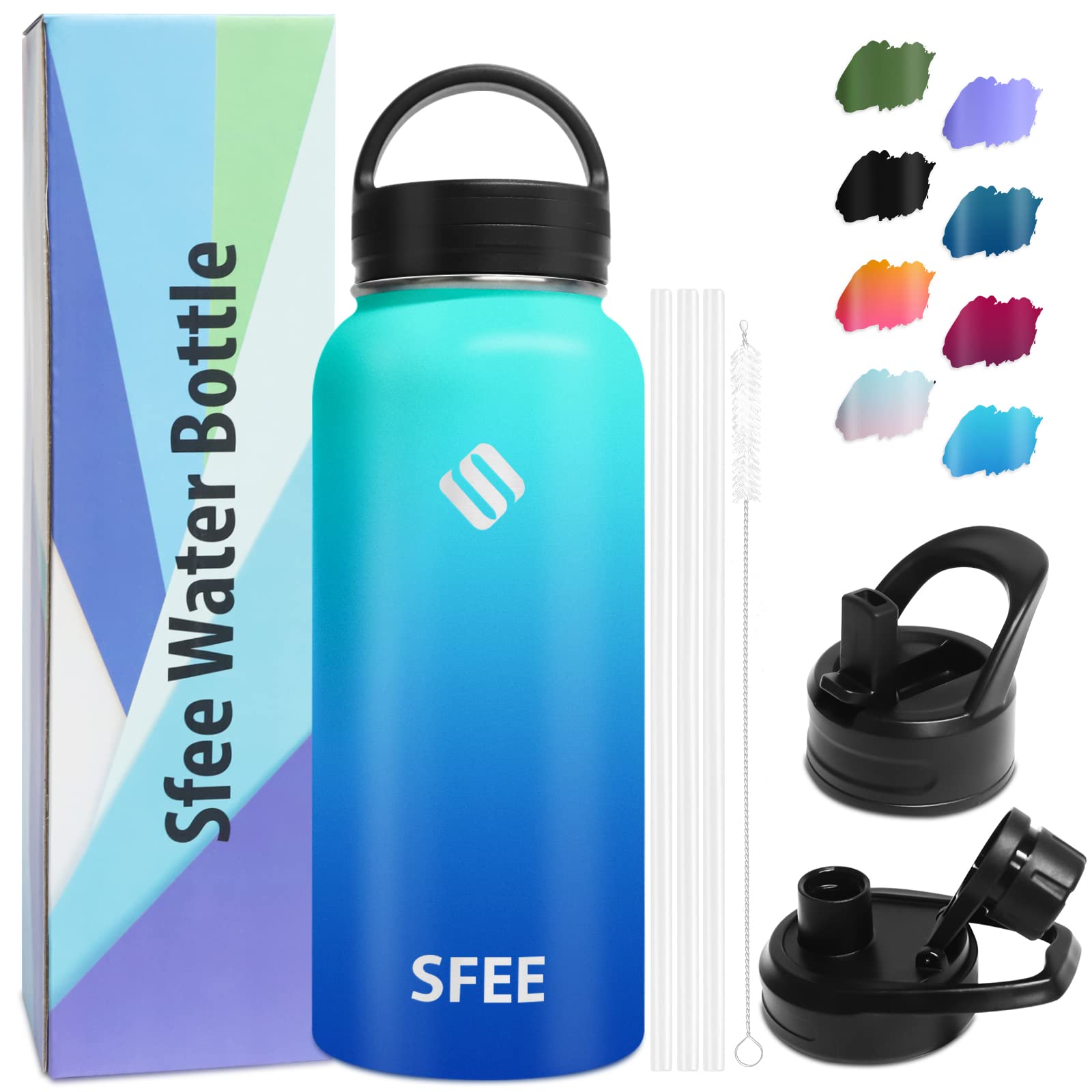Sfee Insulated Water Bottle, 40 oz Stainless Steel Water Bottle with Straws&3 Lids, Wide Mouth Double Wall Vacuum Metal Water Bottle Leak-Proof BPA Free Sports Water Bottle+ Cleaning Brush (Lblue)