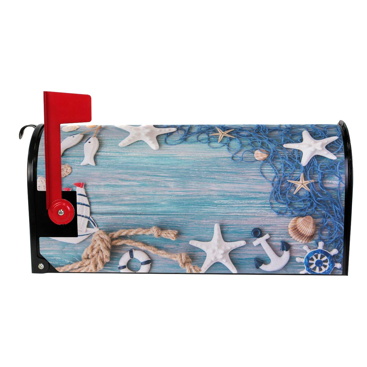 WOOR Fishing Net with Starfish and Sea Decorations Magnetic Mailbox Cover Summer MailWraps Garden Yard Home Decor for Outside Oversized-25.5