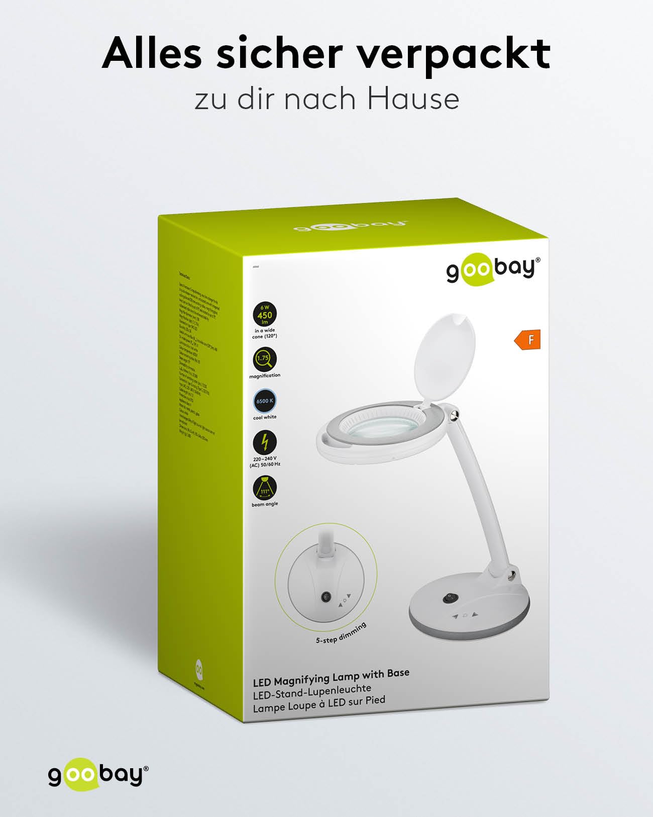 goobay 60363 Dimmbare LED Lupenleuchte/Lupenlampe mit Standfuß/Standlupe Licht / 6 W Leistungsaufnahme/Farbtemperatur 6500 K/Lichtstrom 450 lm/Betriebsspannung 230 V (AC), Weiß
