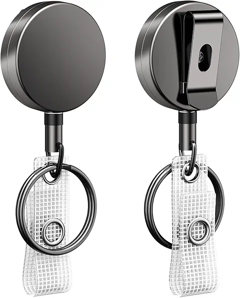 Uniclife 2 Pack Heavy Duty Metal Retractable Badge Reel for Badge Holder Retractable Keychain All Metal Casing with Stainless Steel Spring Coil 23.6 Inch Nylon Rope Belt Clip and Key Ring