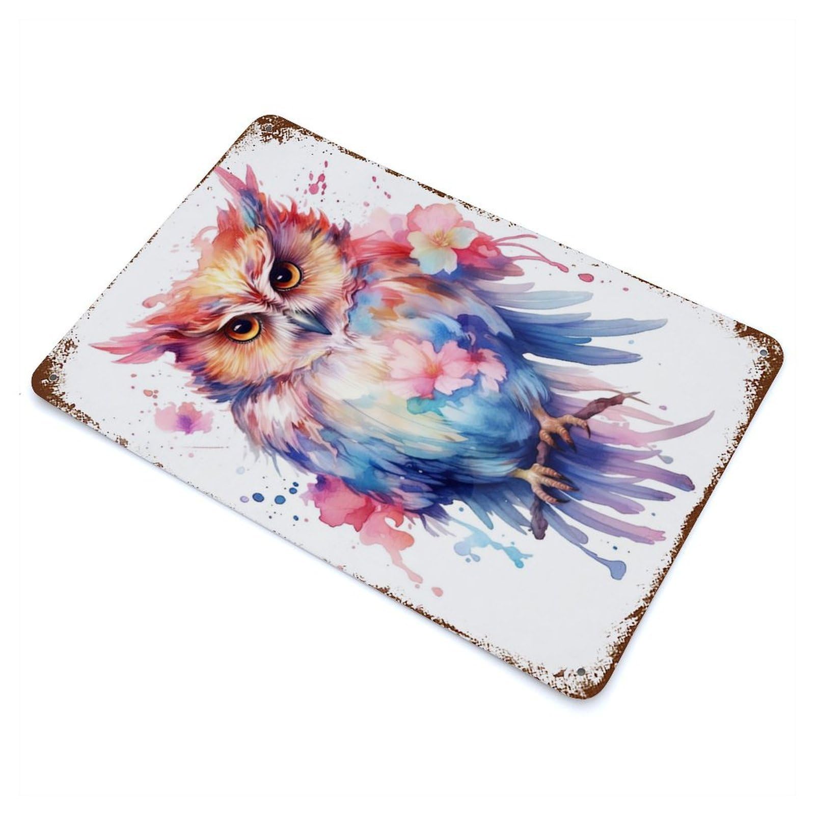 Retro Metal Sign with Watercolor Owl Painting Design 11.8"x7.9", for Living Room, Hallway And Home Decor, Farmhouse Wall Decor