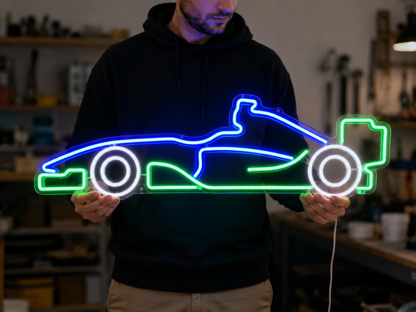 Letrero Coche deportivo carrera Cartel Luminoso LED Escaparate, Decoración de Pared en Metacrilato, Luz Brillante, aproximadamente 51x21cm alimentación 12v