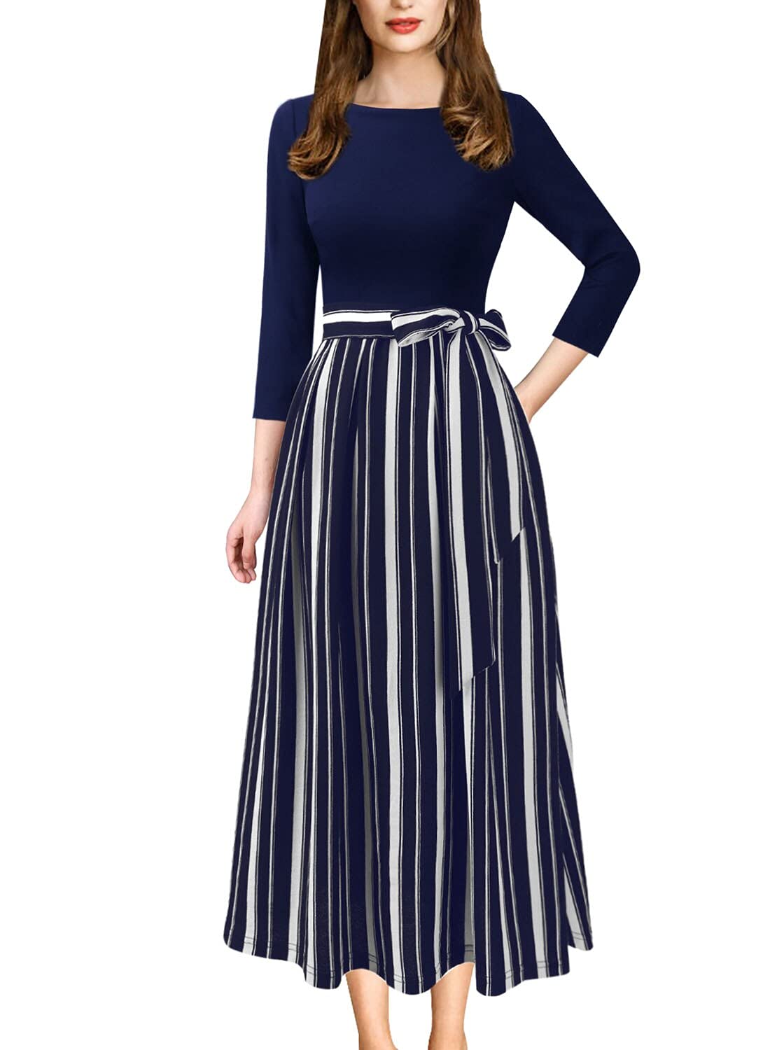 Vfshow Womens Elegant Patchwork Pockets Print Work Casual A-Line Midi Dress