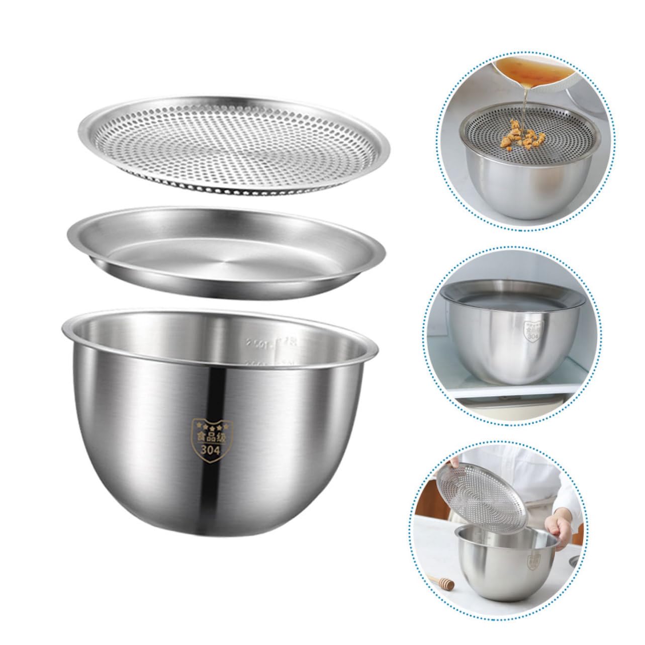 Gatuida Set de Bassines en Acier Inoxydable Multi-fonction avec Passoire Anti-dérapante pour Œufs et Riz, Ustensile Cuisine Ménager Argenté Pratique