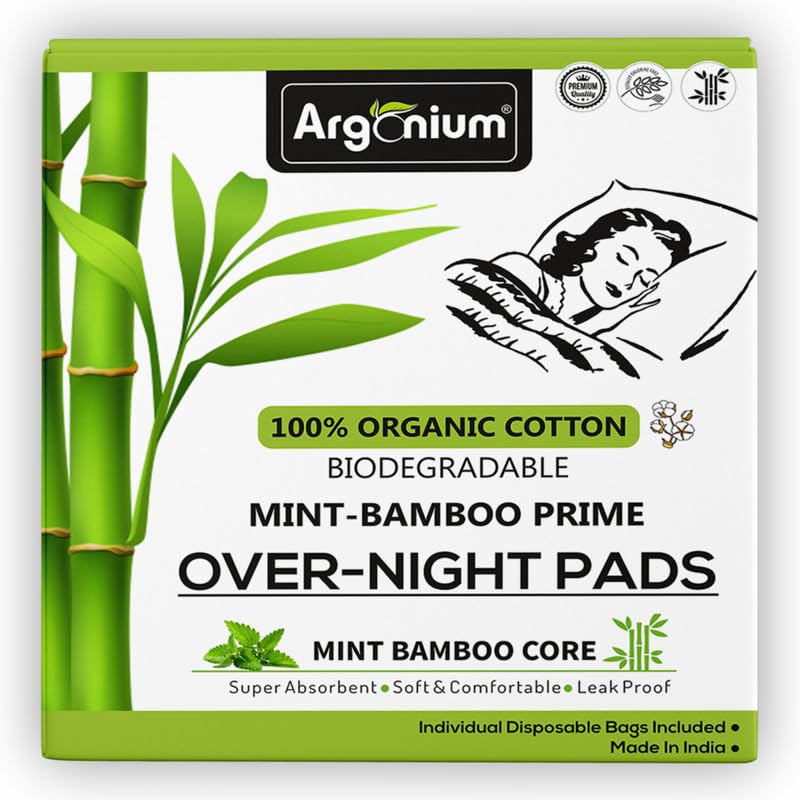 Argonium Prime Over-Night Biodegradable Mint Bamboo Sanitary Pads (Box of 25 Pads) | ( Size XXXL ) – 670ml Absorption |Pure Cottene Base,Heavy Flow & Overnight Pad,Day-Night Napkin Without 2D-Disposable Bags (B0D1YKV327) Amazon Price History, Amazon Price Tracker