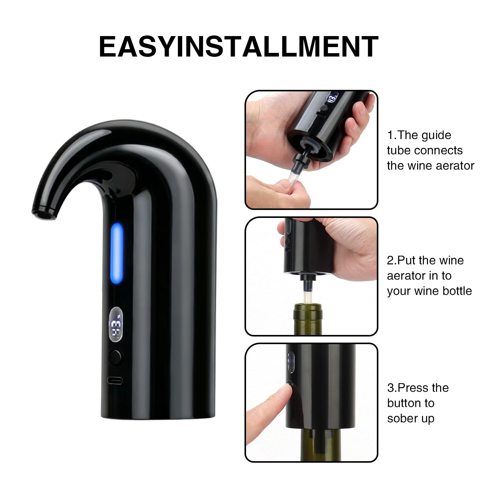 Aérateur de vin électrique avec bec verseur, décanteur à vin portable à une touche et distributeur de vin pour vin rouge et blanc - Distributeur automatique de vin - Verseur rechargeable par USB