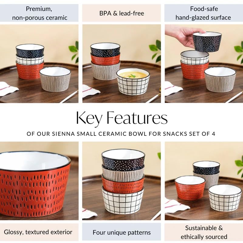 Image of Nestasia Ceramic Snack Bowl Set of 4 (400ml Each) - BPA-Free, Food Safe Bowl Set for Serving Soup, Rice, Dal, & Salad | Colourful Textured Bowls with Glossy Finish - Ideal for Gifting