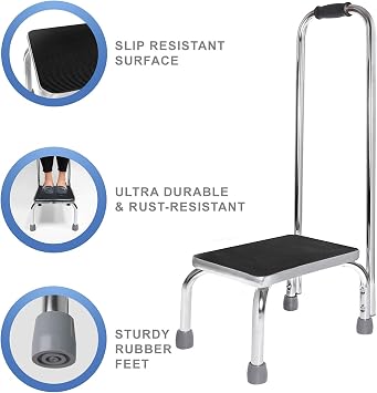 Vaunn Medical Foot Step Stool with Handle and Anti Skid Rubber Platform, Lightweight and Sturdy Stool for Children, Adults and Seniors, Chrome