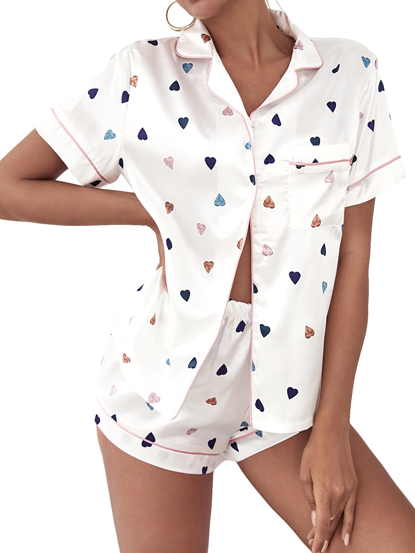 Sponsored Ad – Women's 2 Piece Satin Heart Print Button Front Short Sleeve Collared Blouse and Shorts Pajama Set