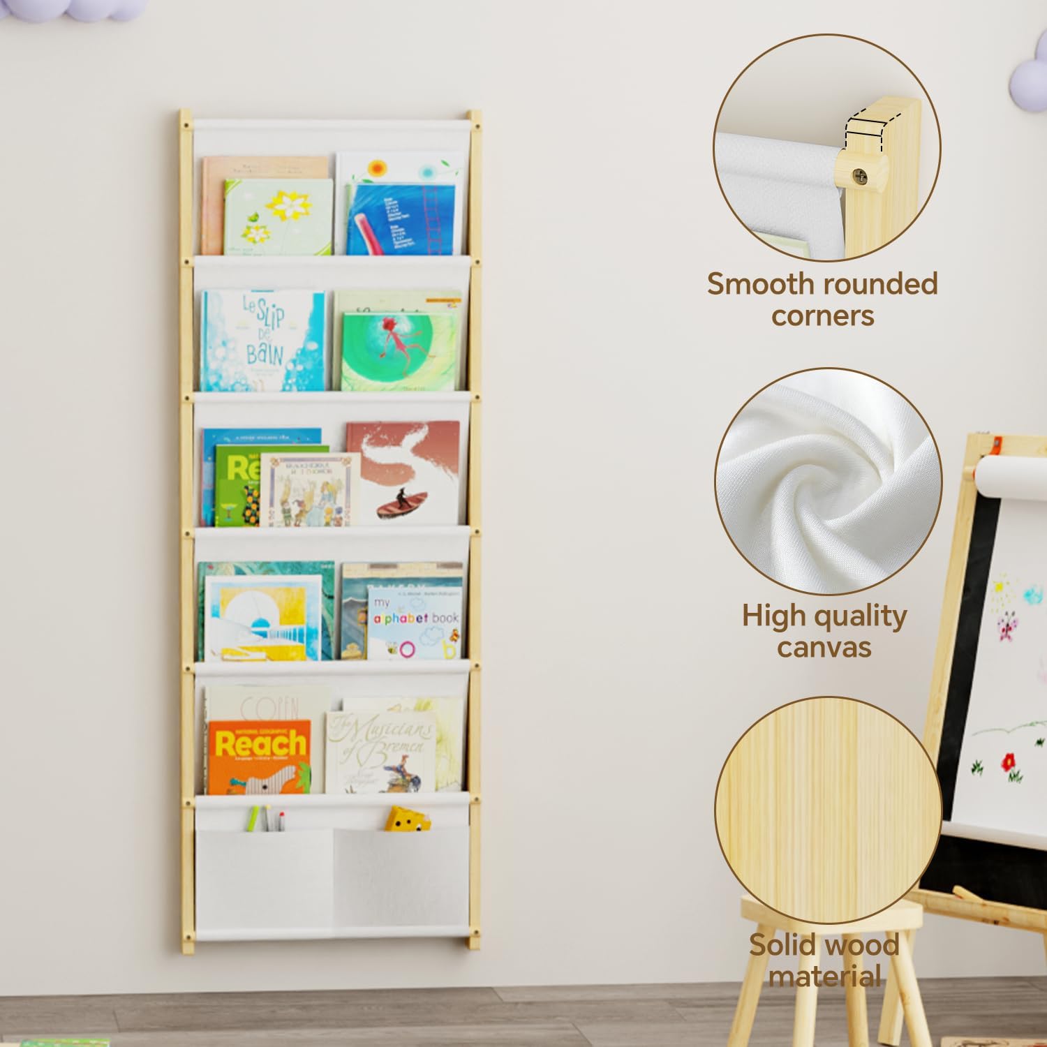 Wood 6-Tier Wall Mounted Kids Bookshelf – Floating Book Shelf For Kids Rooms,Nursery & Classroom, Hanging Bookcase Organizer For Books, Toddler Book Shelf, Montessori Bookshelf, Nursery Shelves