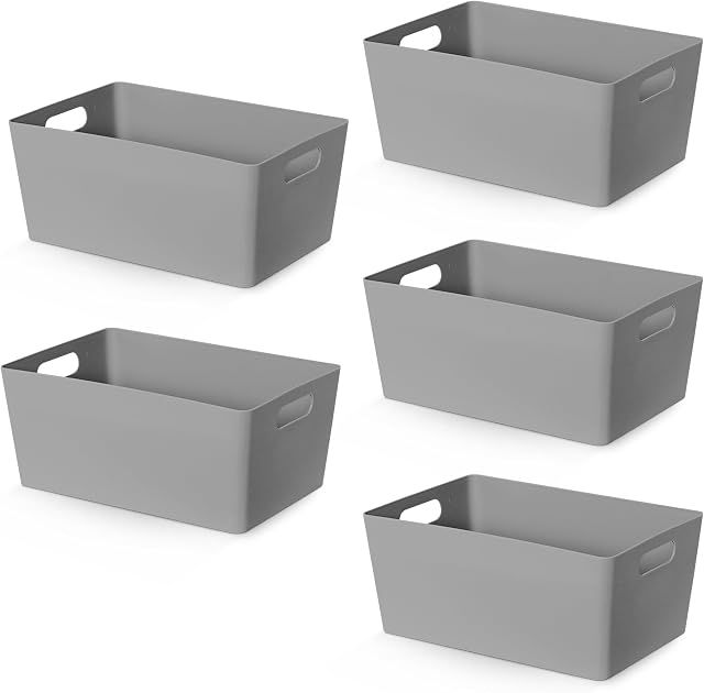 KEPLIN 5 Pack Grey Plastic Studio Storage Basket, Portable Container Boxes with Handles for Storage Organisation in Home & Office, Shelfs, Drawers, Kitchen & Cupboards (25.5x17x11cm)