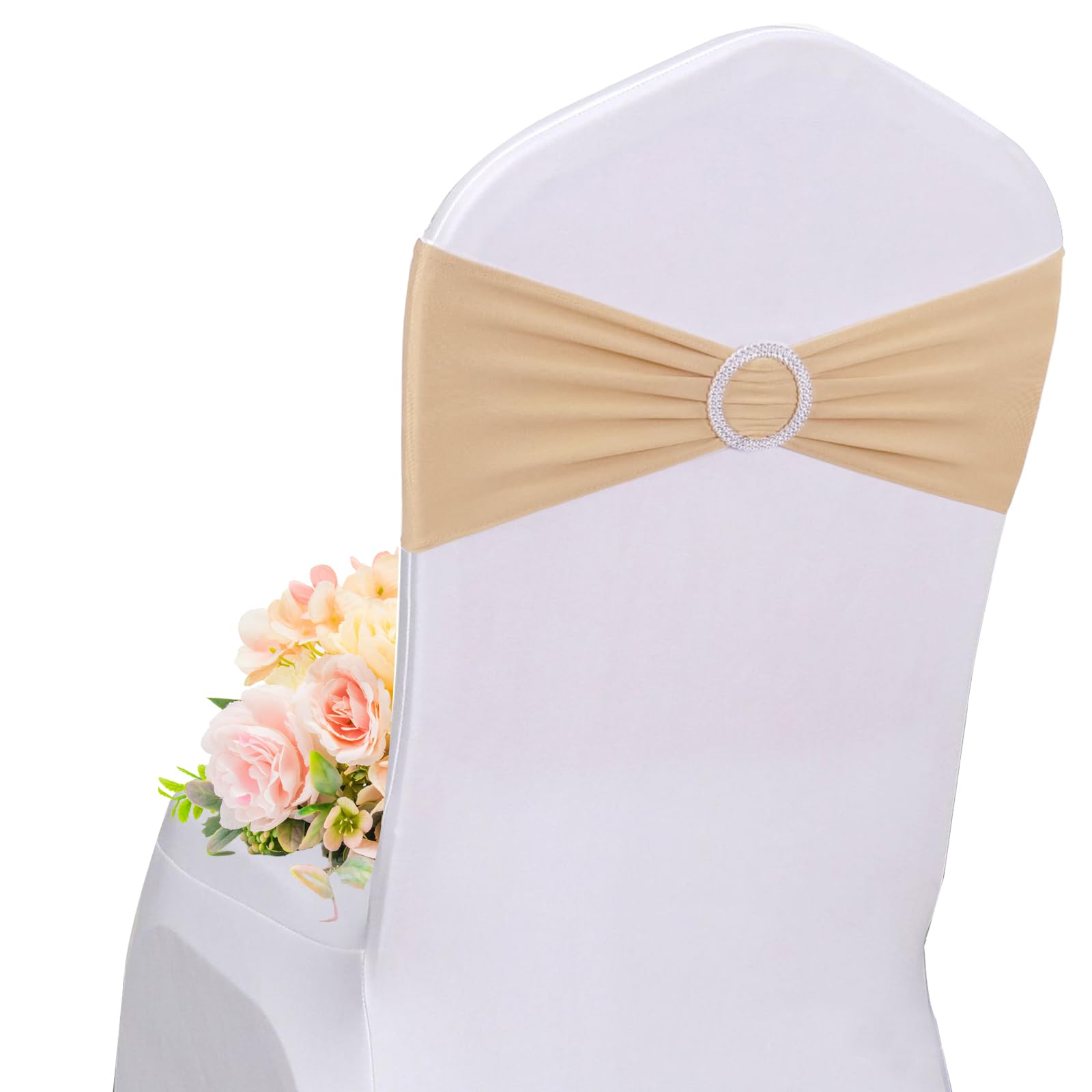 Nœuds de chaise en élasthanne beige avec boucle pour décoration de mariage et banquet x50