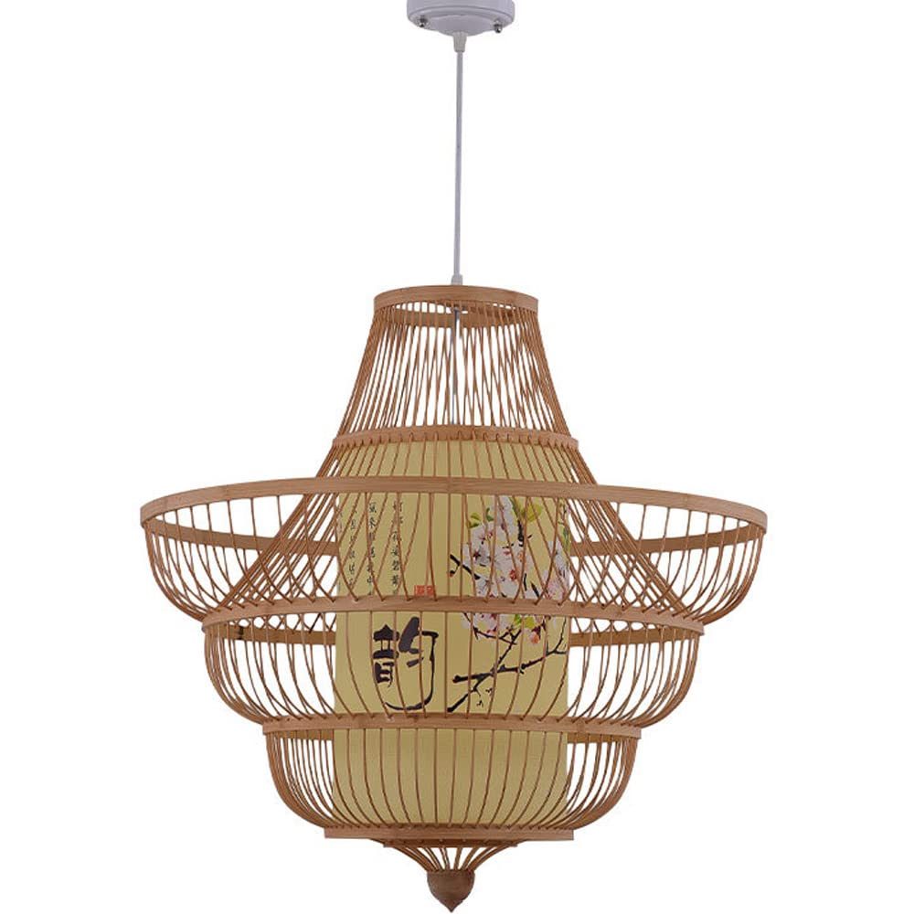 CSXSXAUO Chinese Style Bamboo Light Fixture with Plum Pattern Lampshade Hand-Woven Wicker Pendant Large Suspended Chandelier Lamp for Farmhouse Dining Room Teahouse Star of