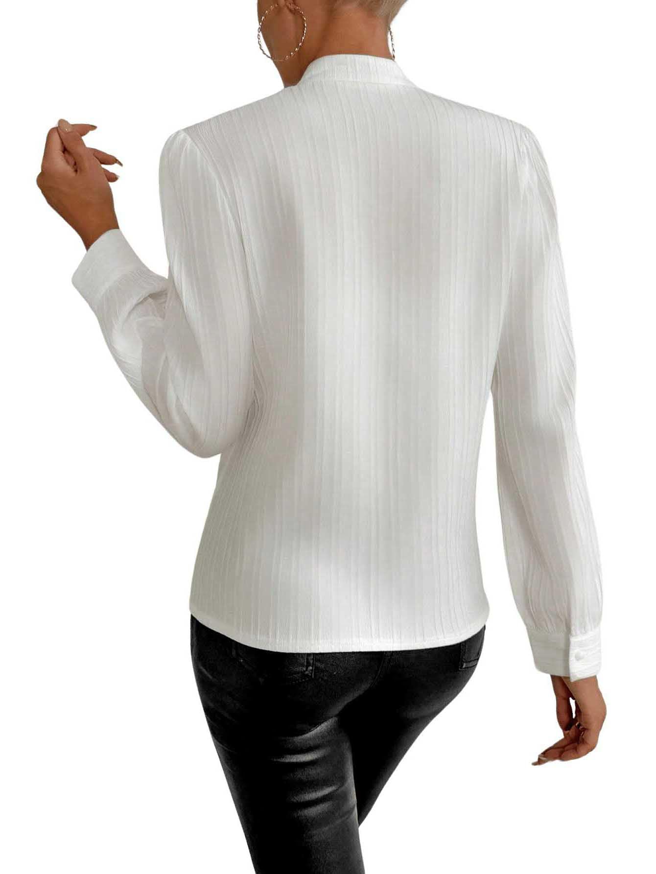 GORGLITTER Women's Lace Button Down Mandarin Collar Blouse Embroidery Pleated Business Casual Puff Sleeve Shirt Top