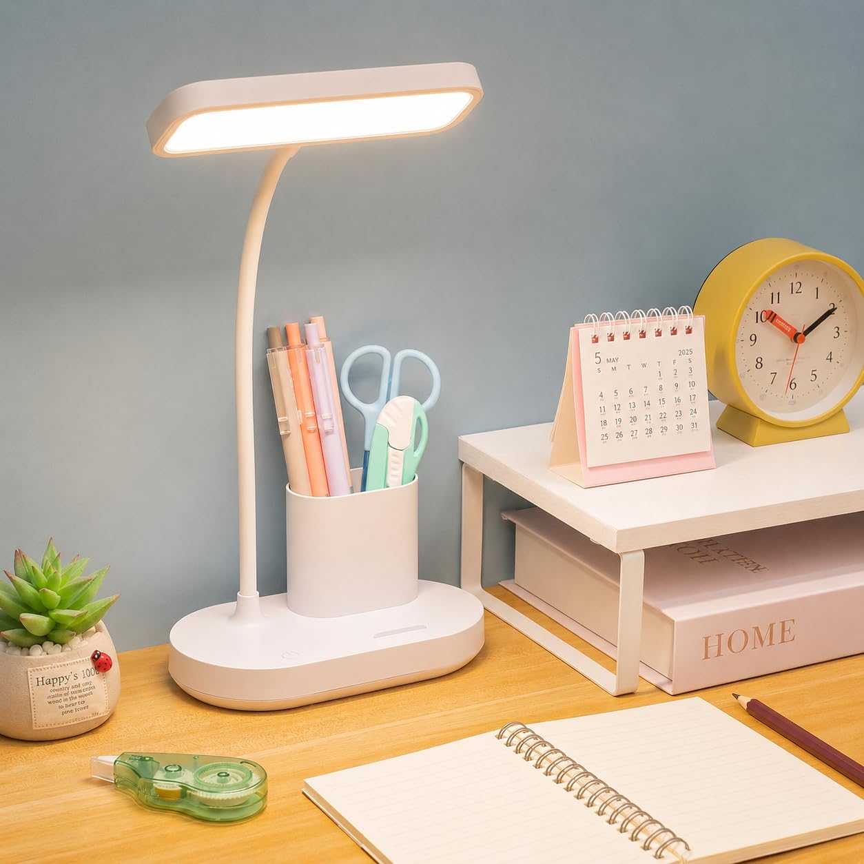 FLYNGO Plastic 3 Color Mode Led Study Table Desk Lamp for Students with Pen & Phone Holder, Rechargeable Touch On/Off Studying