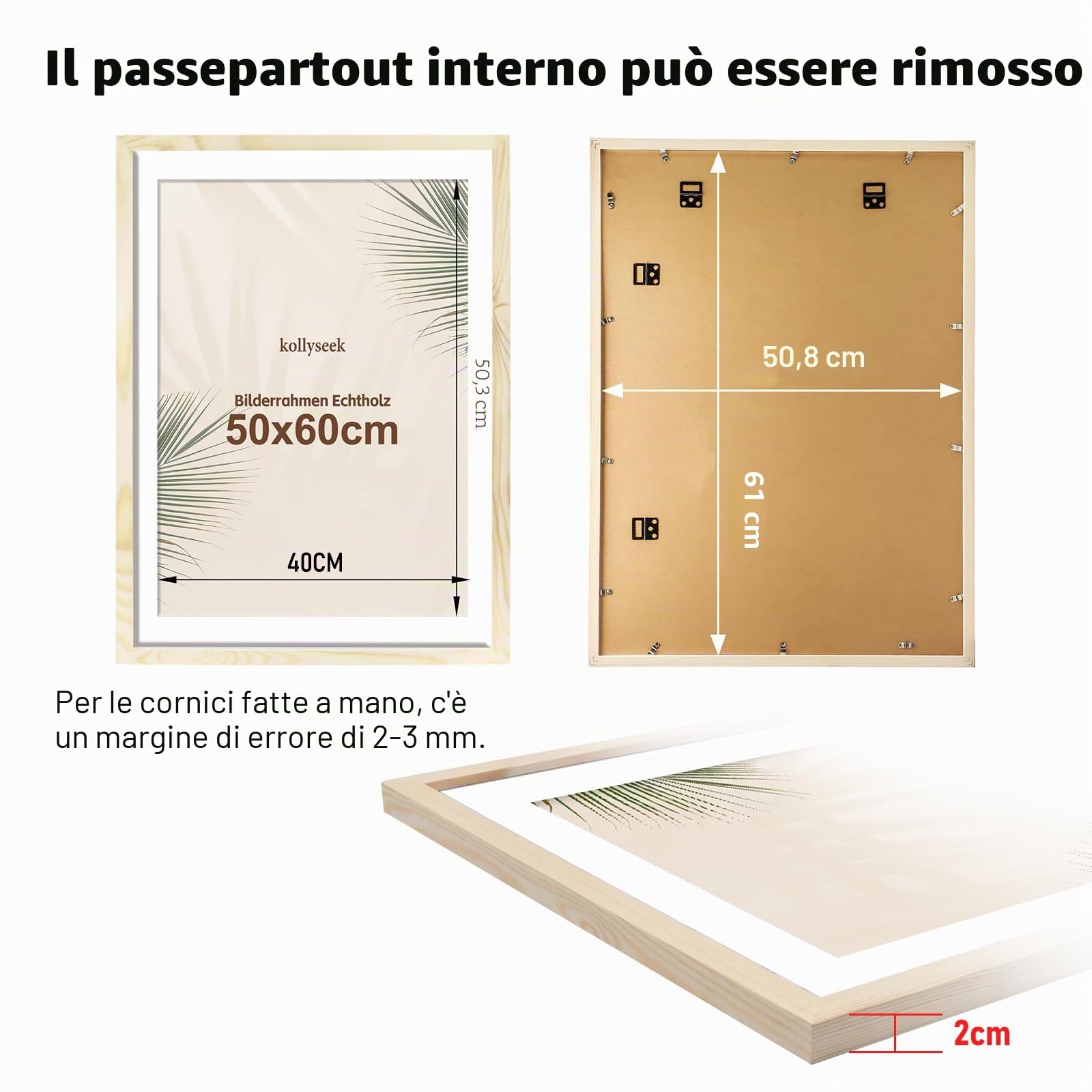 Cornice 50 x 60 cm in Legno Massello con Supporto in Legno e Vetro Acrilico Cornice per Foto in Legno di Pino con Pannelli in Vetro Antirottura Cornice per Foto per Decorazione della Stanza