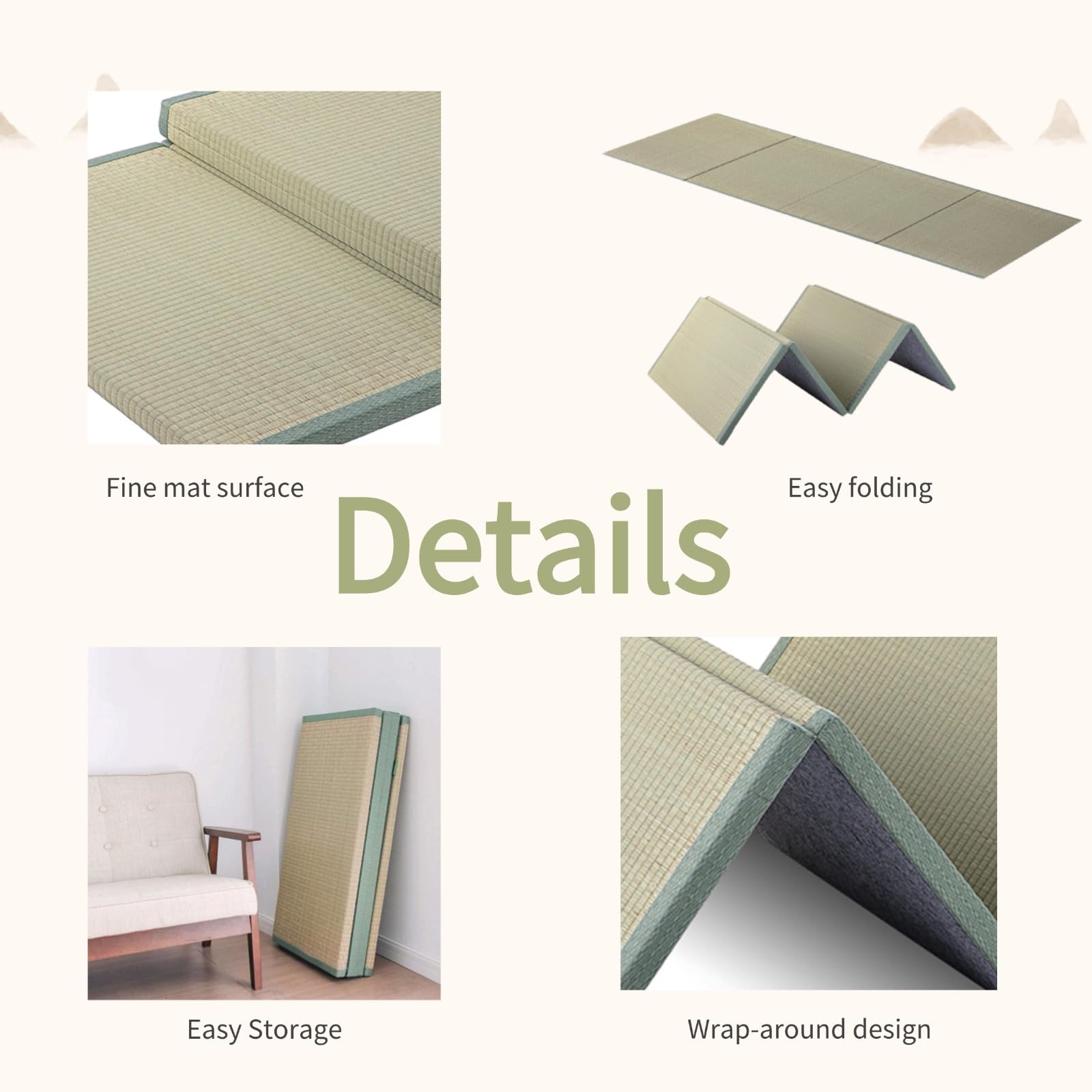 Japanische Tatami Bodenmatte 100×200×3.5cm faltbare rutschfeste feuchtigkeitsgeschützte Junkus effusus Meditation Yoga Zen-Raum