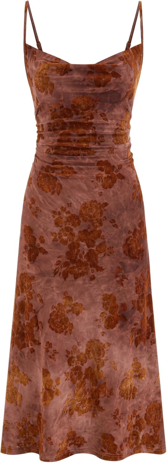 CIDER Womens Velvet Dress Floral Sleeveless Spaghetti Strap Ruched Midi Club Party Wedding Guest Dresses
