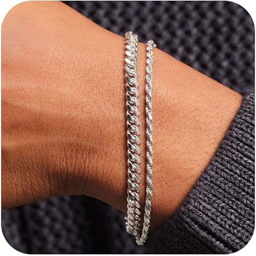S925 Sterling Silver 5mm Cuban Link Chain for Men,2.5mm Rope Link Chain Bracelet Set for Men's&woman,Trendy hip-hop stacking Fashion Gift Boyfriend/Girlfriend/mother's Non Tarnish Hypoallergenic