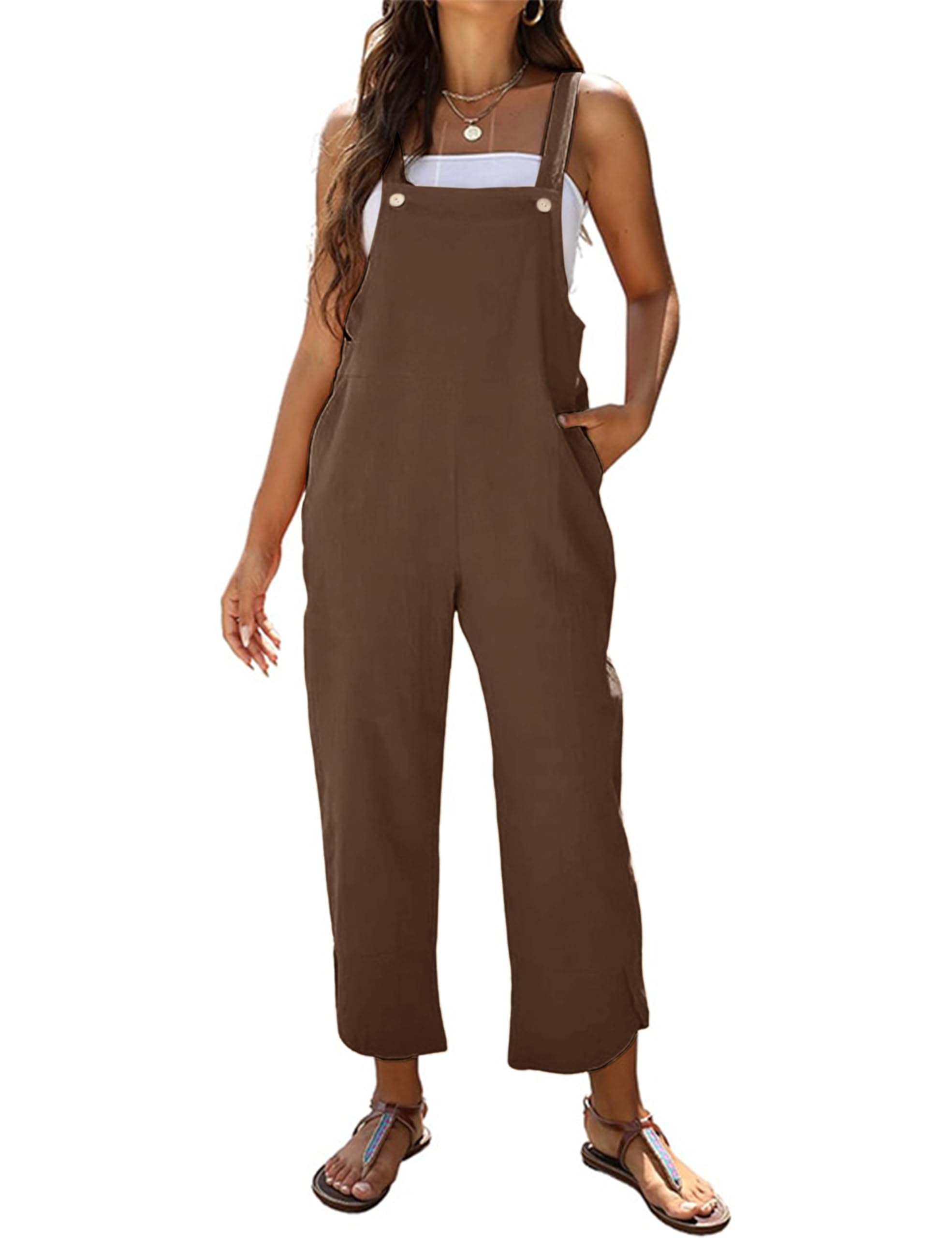 Women's Sleeveless Cotton Linen Overalls Rompers Baggy Wide Leg Jumpsuits