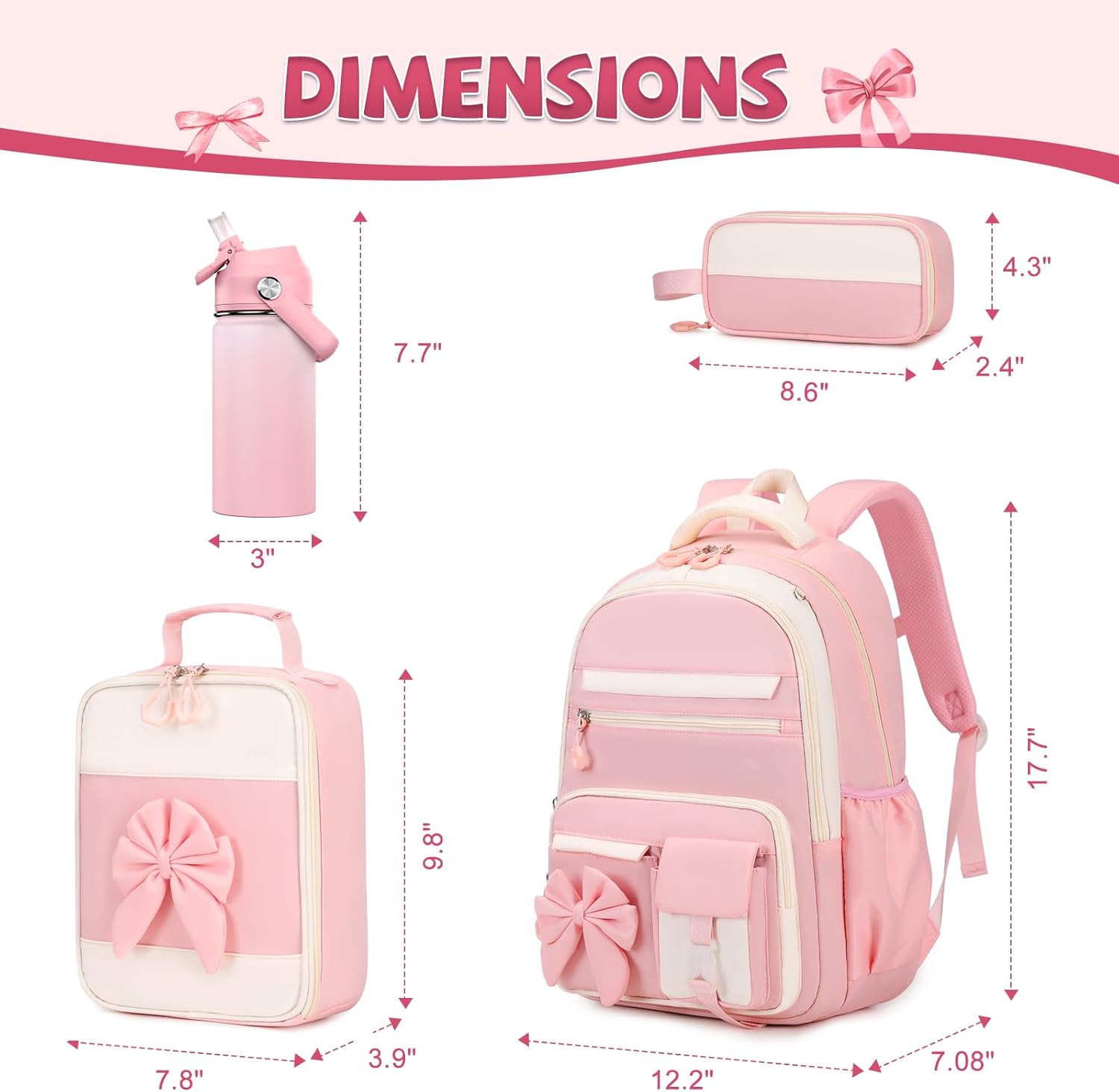 Girls Backpack - Includes 14oz Insulated Water Bottle, Girls School Backpack Set with Lunch Bag & Pencil Case Teens for School (Pink) - Image 2