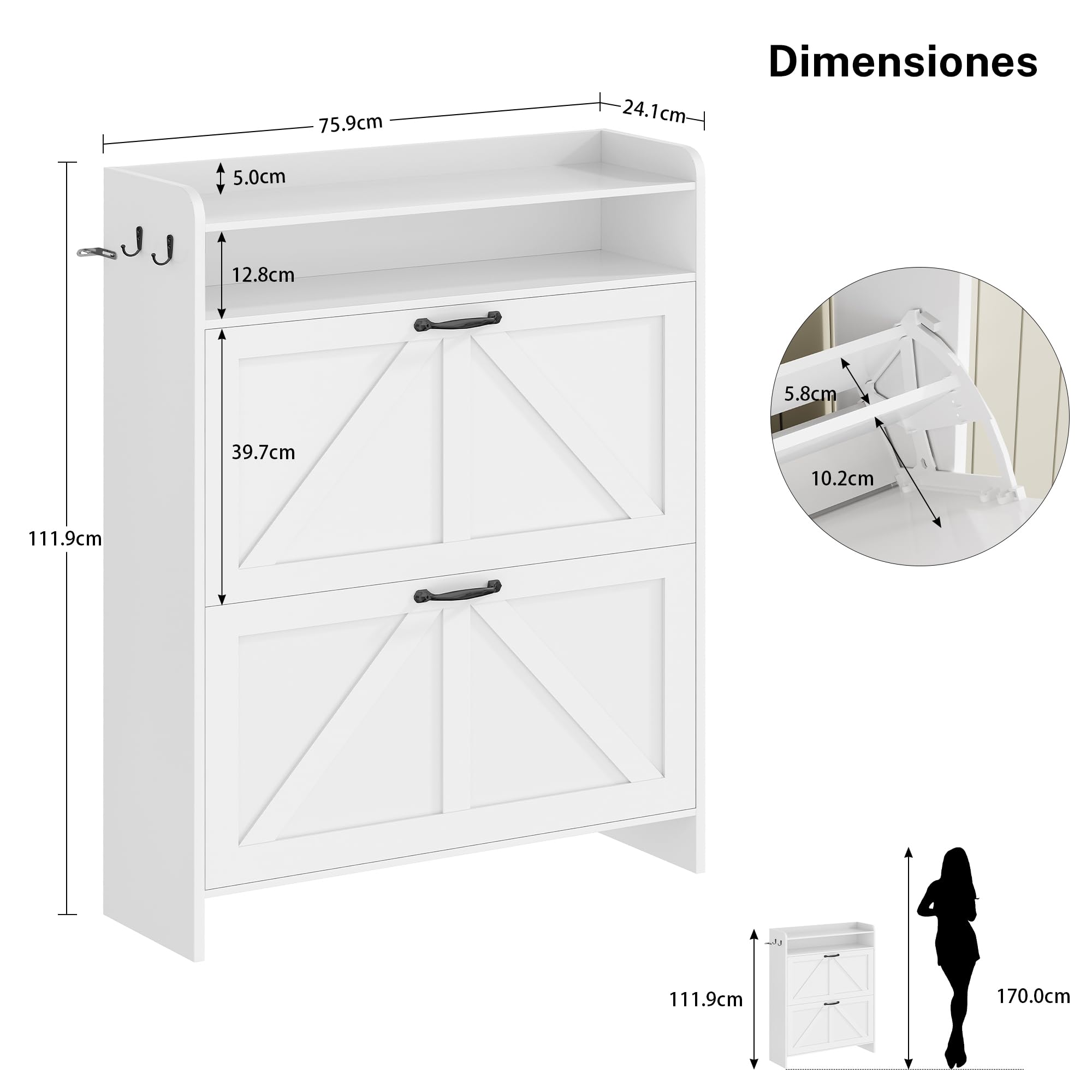 Zapatero Recibidor 24cm, Mueble Zapatero con 2 Cajones y Estantes Ajustables, para 16-20 Pares de Zapatos,Zapatero Estrecho Ideal para Entrada, Salón, Pasillo,24 x 76 x 112 cm, Blanco