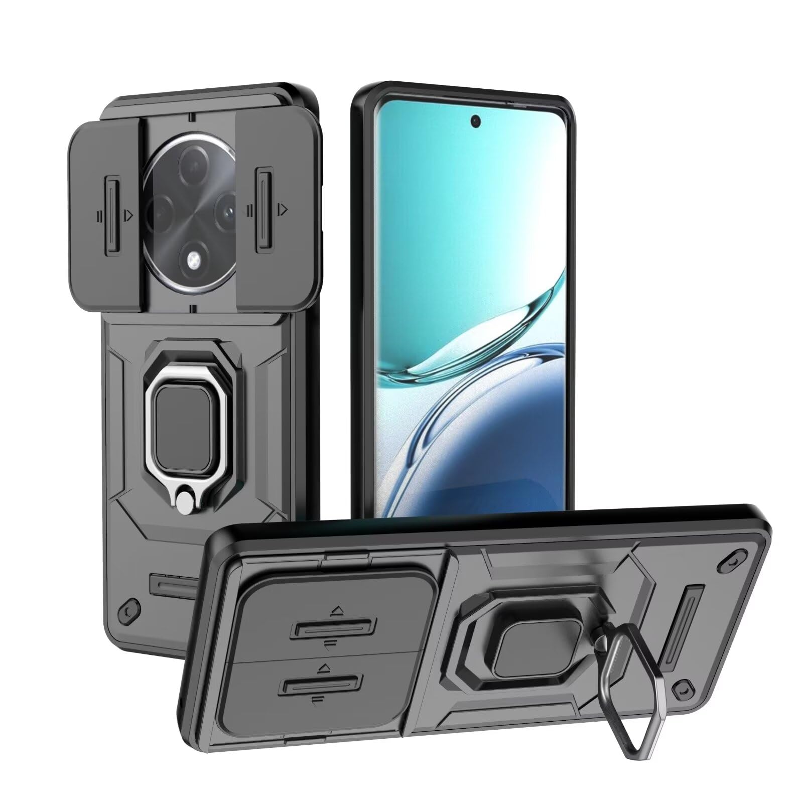 Lustree Back Cover Shockproof Silicone Military Anti-Drop Case with 360° Metal Bracket and Sliding Camera Cover Case for Oppo F27 Pro Plus - Black (B0D9DG3YKC) Amazon Price History, Amazon Price Tracker