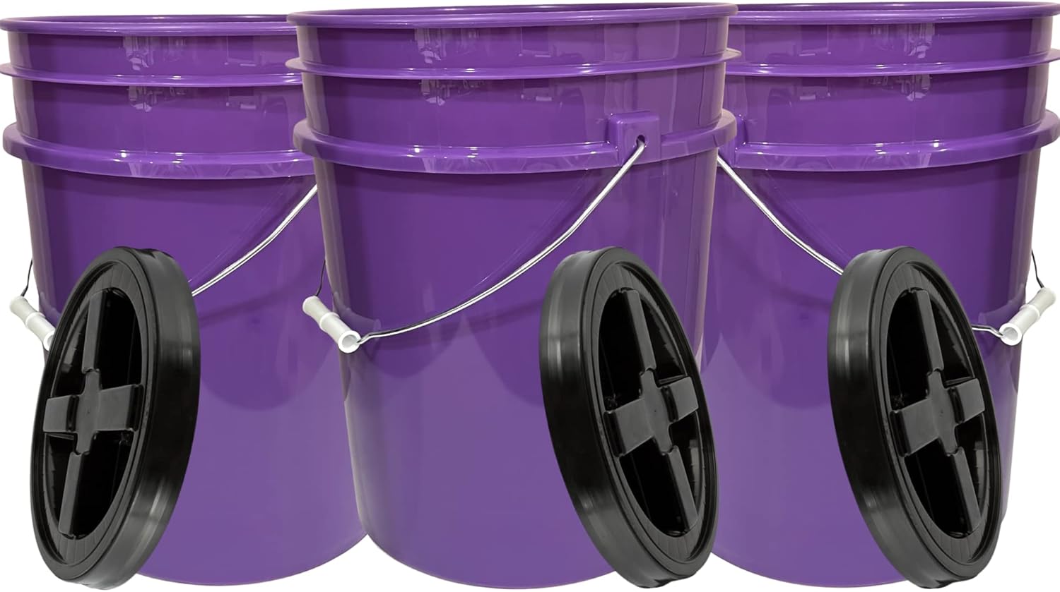 House Naturals 5 Gallon Purple Food Grade Plastic Bucket with Screw on Airtight lid, BPA Free, Made in USA (Pack of 3) (Purple Buckets with Black lids)