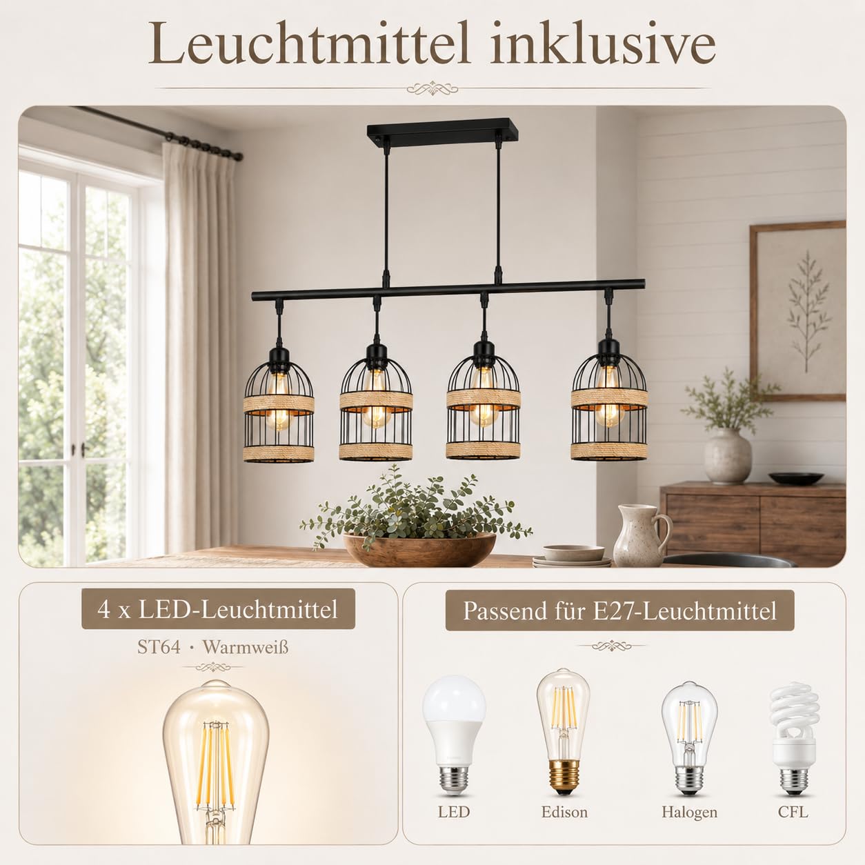 Pendelleuchte Esstisch Rattan Hängelampe 4-Flammig inkl. LED, Vintage Hängeleuchte Schwarz Höhenverstellbar für Esszimmer Kücheninsel Wohnzimmer, Boho Esstischlampe Kronleuchter E27