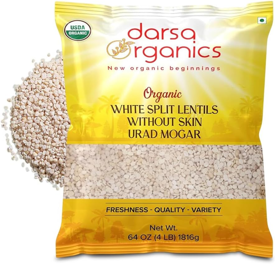 Darsa Organics Split Urad Dal Without Skin 4 lb - USDA Organic, Non-GMO White Matpe Split Peas, Plant Based Protein, Kosher & Chemical-Free Organic Lentils for Dosa Batter, Stews, Soups, Lentil Bread