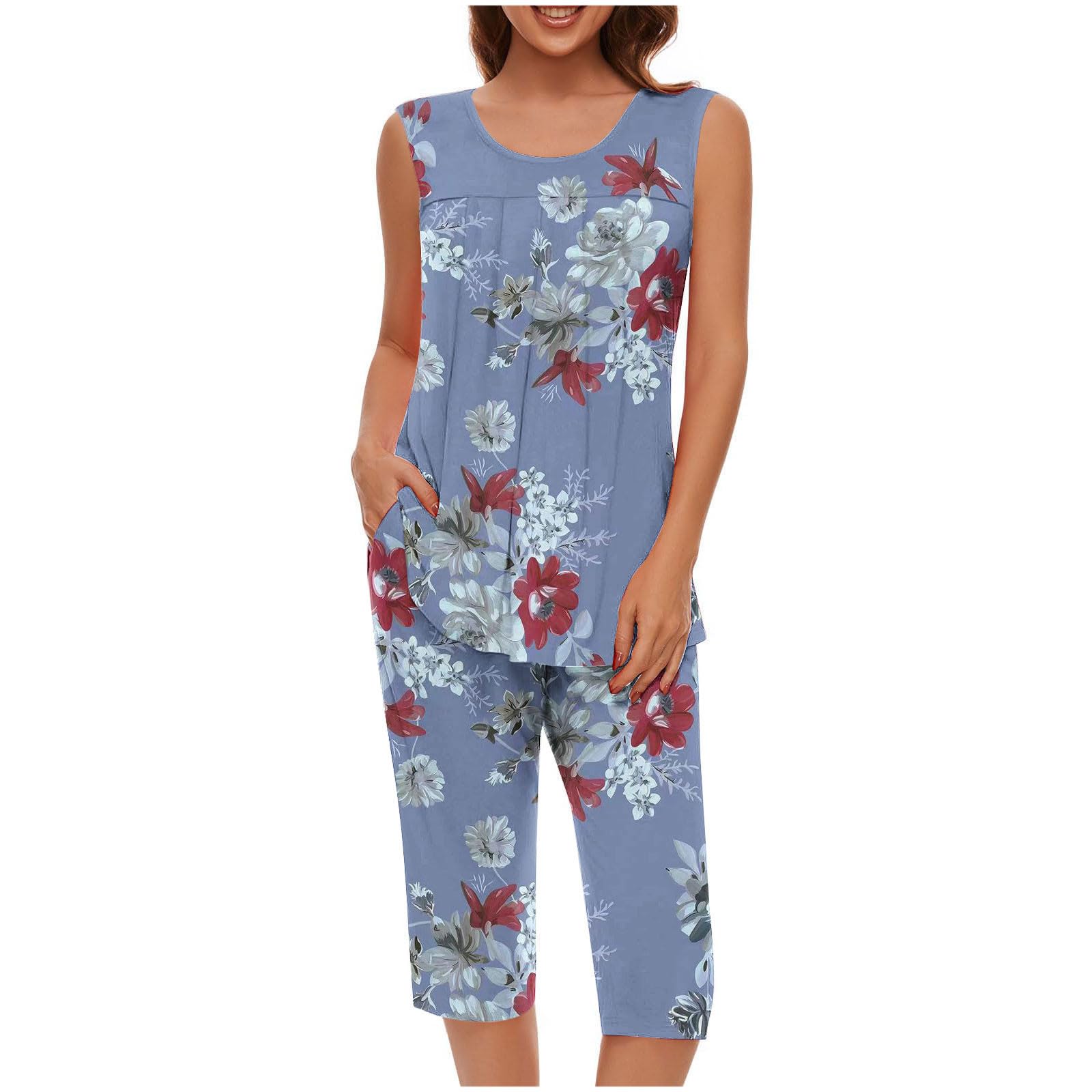 Pajama Sets for Women Summer Plus Size Lounge Sleepwear Loose Sleeveless Tops Printed Bermuda Shorts with Pockets — view 7