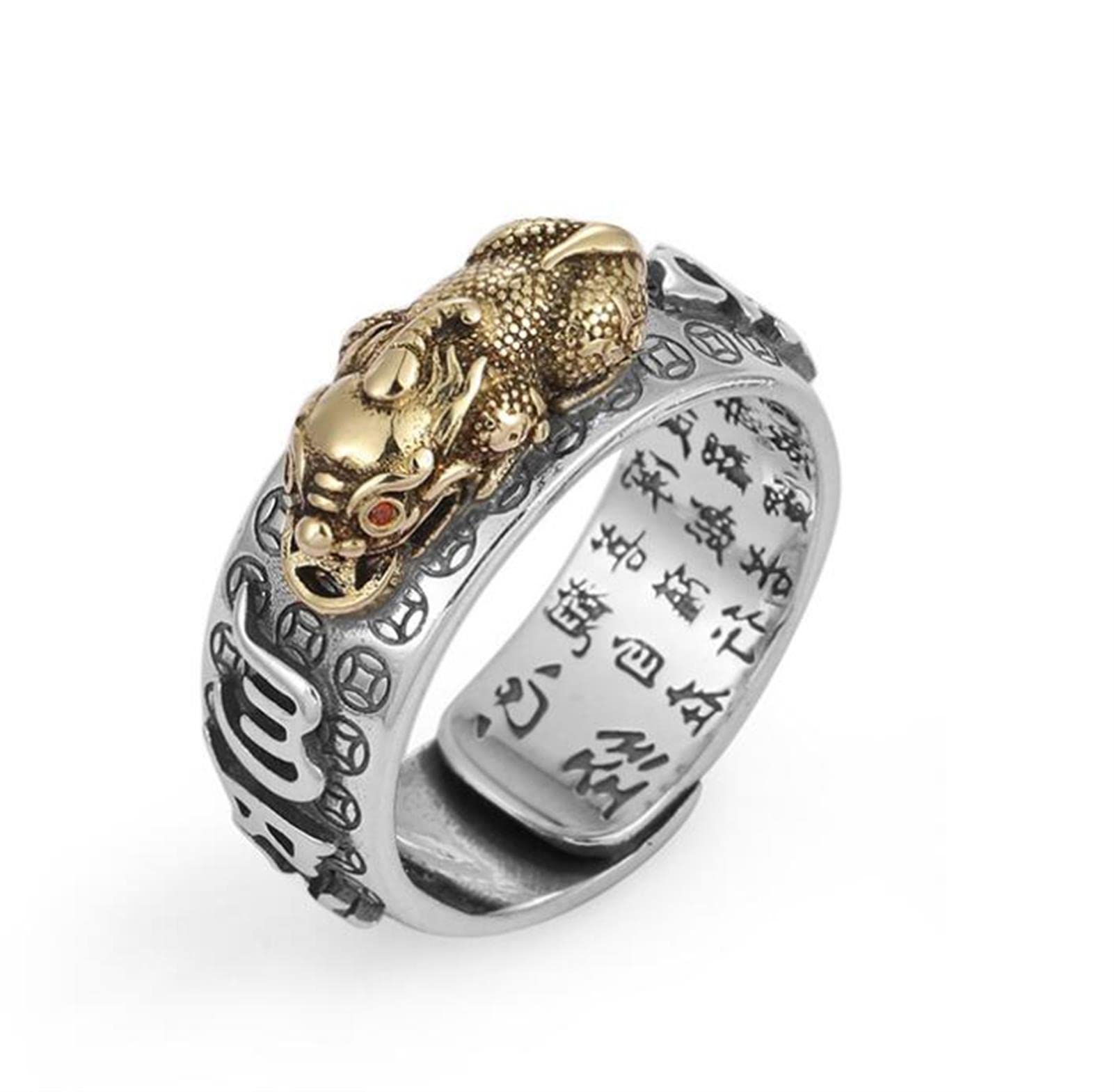 Feng Shui Pixiu Mantra Ring S925 Silver Buddhist Good Luck Amulet Mantra Double Protection Wealth Love Health Ring Gift for Men Women Adjustable,006