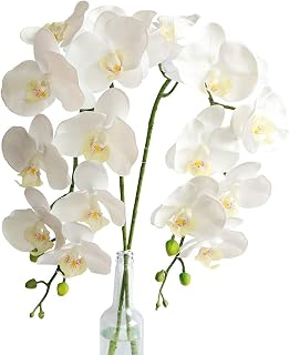 2pcs Real Touch Orchids Stems Artificial Flowers Fake Phalaenopsis Orchid for Table Centerpiece Home Kitchen Wedding Party Decoration (White)