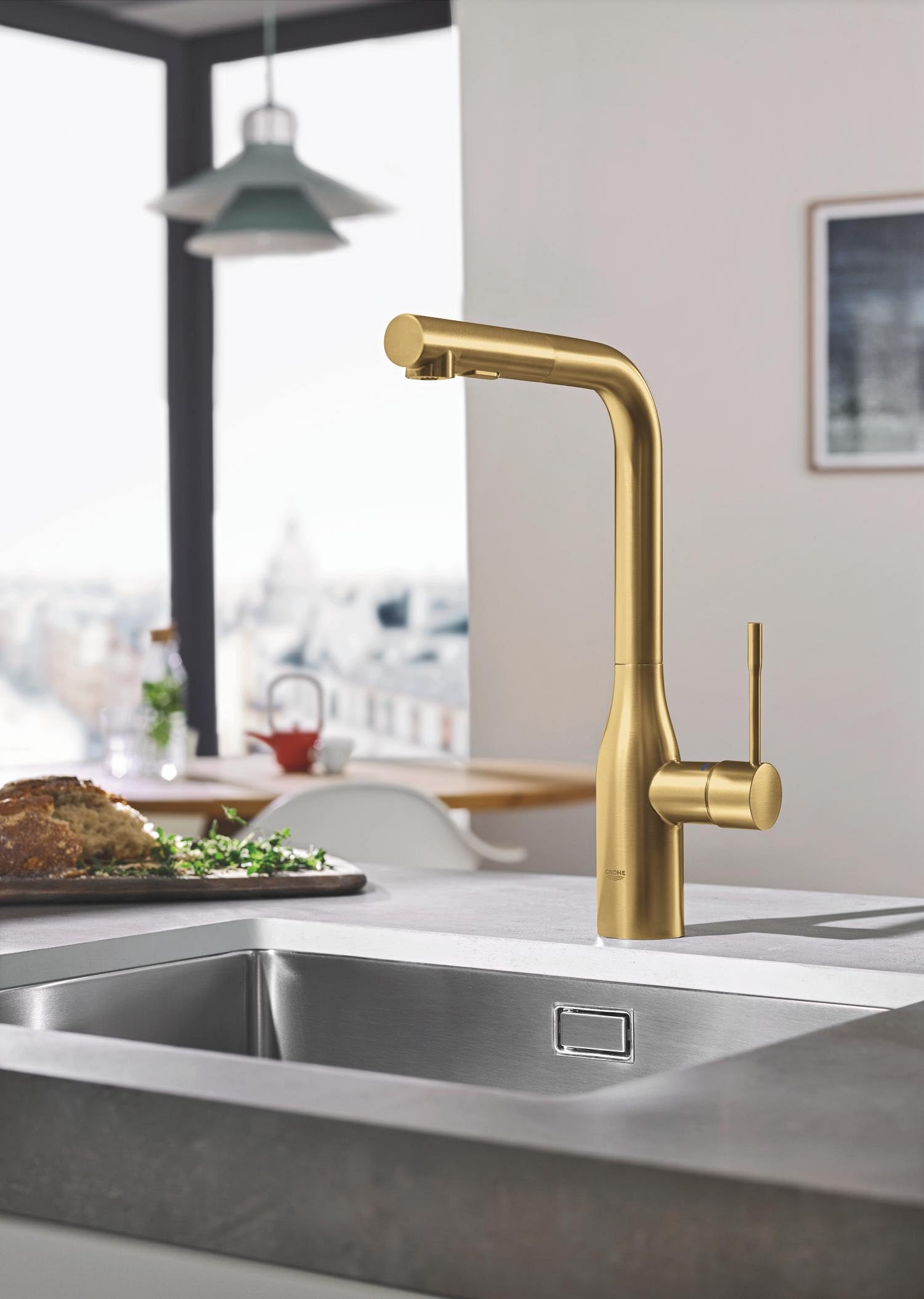 Grohe - Essence New monomando fregadero L-caño ducha dual - Brushed Cool Sunrise