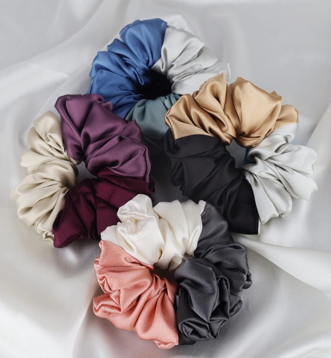 Atrube Pack of 4 Silk Satin Scrunchies โ Large Hair Ties for Women & Girls, Stylish Elastic Hair Bands, Ponytail Holder Gift Set