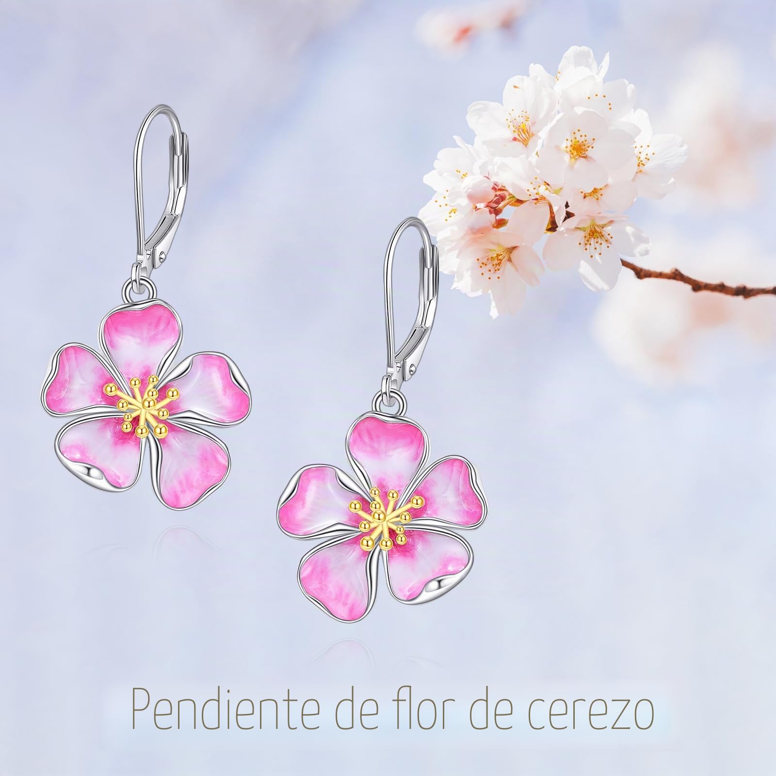 AXELUNA Pendientes de flor de cerezo para mujer, plata de ley, esmalte rosa, flor de cerezo, aretes colgantes de joyería para madre y esposa, Normal, Plata de ley, Sin piedra preciosa