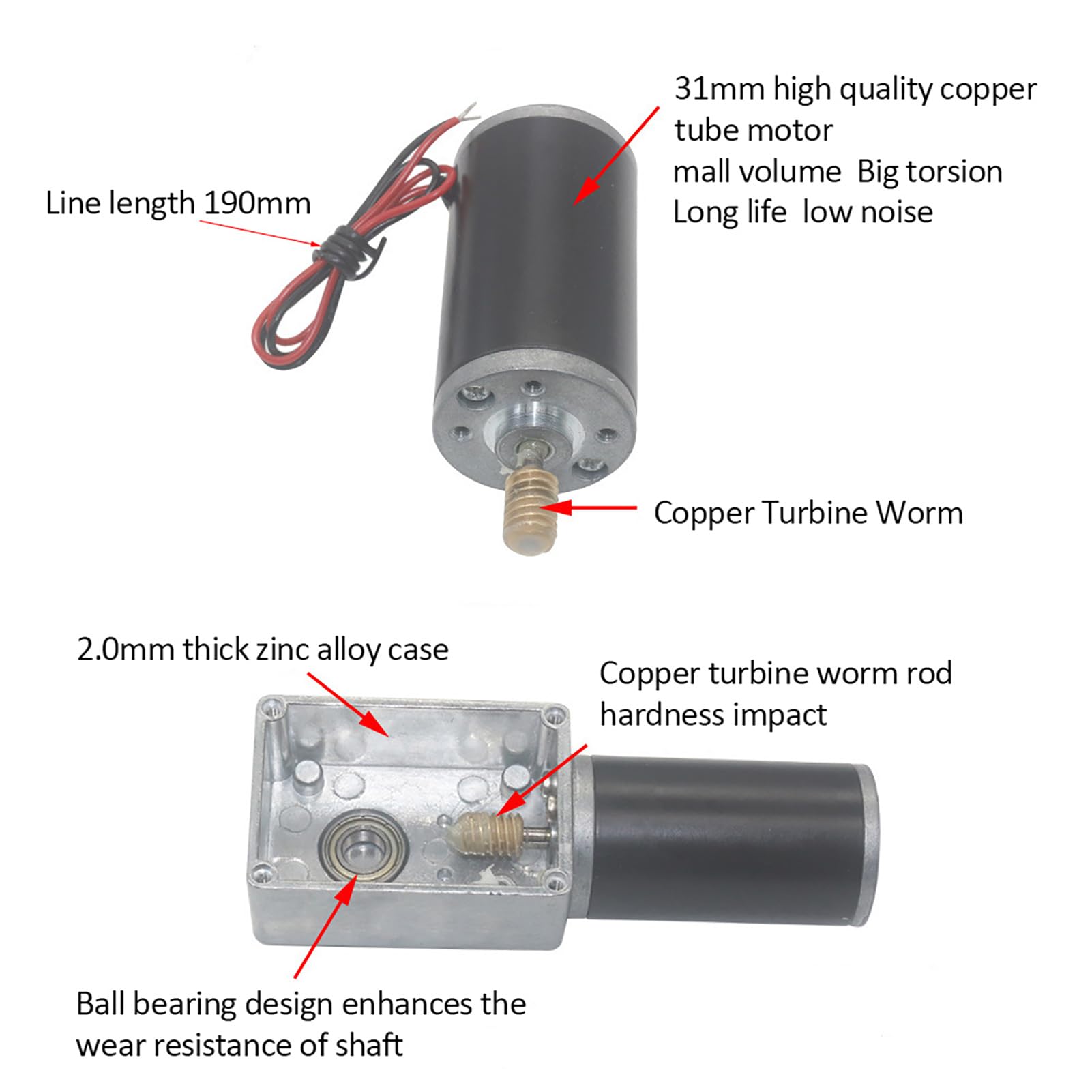 Motoriduttore DC 12V con Ingranaggio, velocità di Torsione Elevata Riduzione del Cambio Elettrico Vite Senza Fine Reversibile Albero 8 Mm Controlli a Magnete Permanente Parti