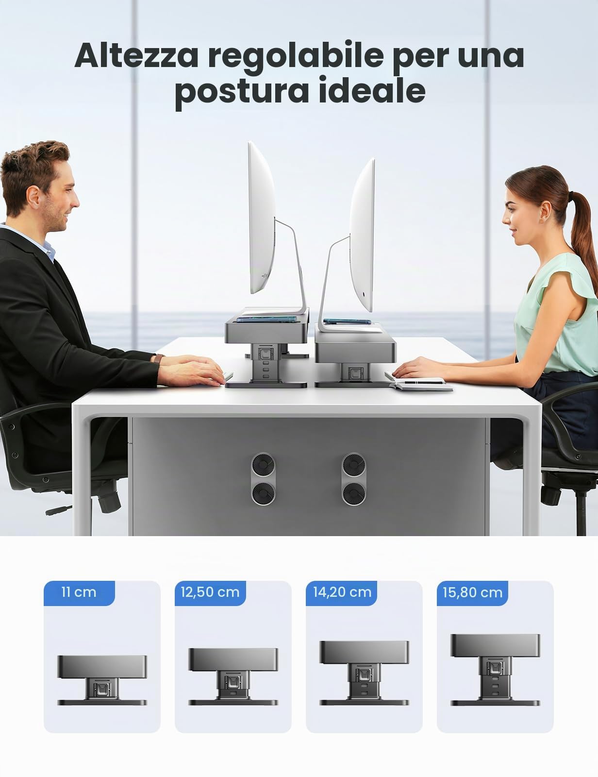 MEATANTY Supporto Regolabile per 2 Monitor con Ricarica Wireless | Quattro altezze, hub USB a 4 porte e cassetto integrato per organizzare dispositivi e accessori.