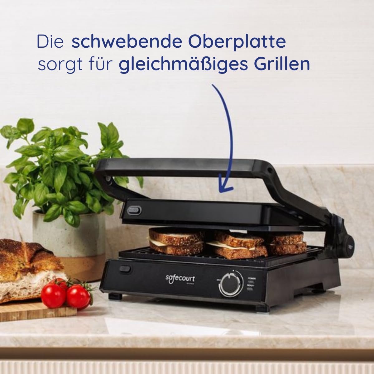 Safecourt Sandwichmaker 3 in 1 Kontaktgrill abnehmbare Platten - Sandwichtoaster [XXL Grillfläche & BPA-frei] - Sandwich- & Paninitoaster schnelle Zubereitung, spülmaschinenfest - Panini Grill schwarz
