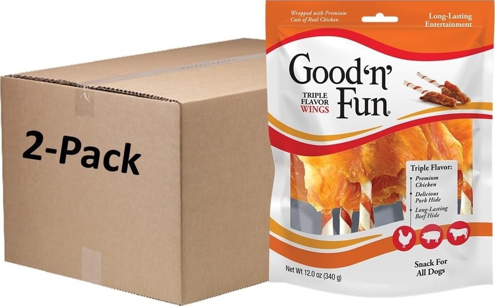 Good 'n' Fun Wings Long-Lasting Dog Treat with Real Protein, 12 oz (2 Pack) | Premium Chicken, Pork and Beef Hide Chew, Supports Dental Health and Mental Stimulation, For Adult Dogs
