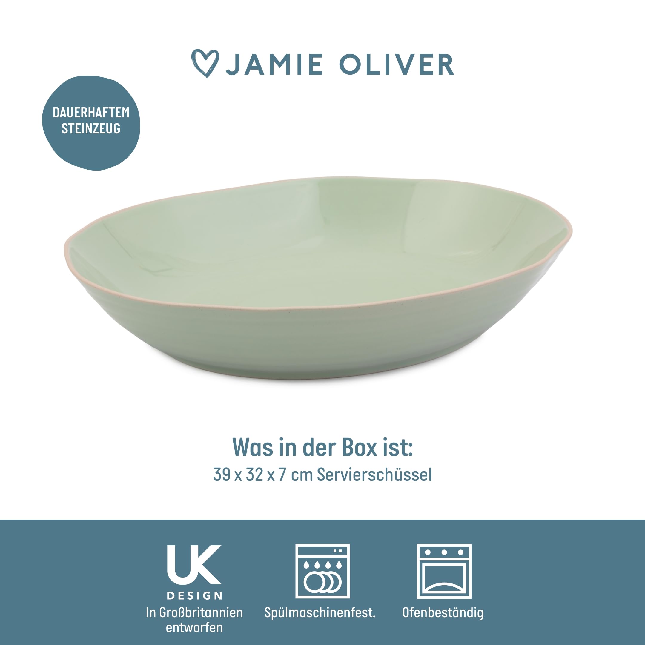 Jamie Oliver Big Love Schale, Tiefe Steingutschale für Currys & Salate, spülmaschinen- und mikrowellengeeignet, grün, 39x32 cm